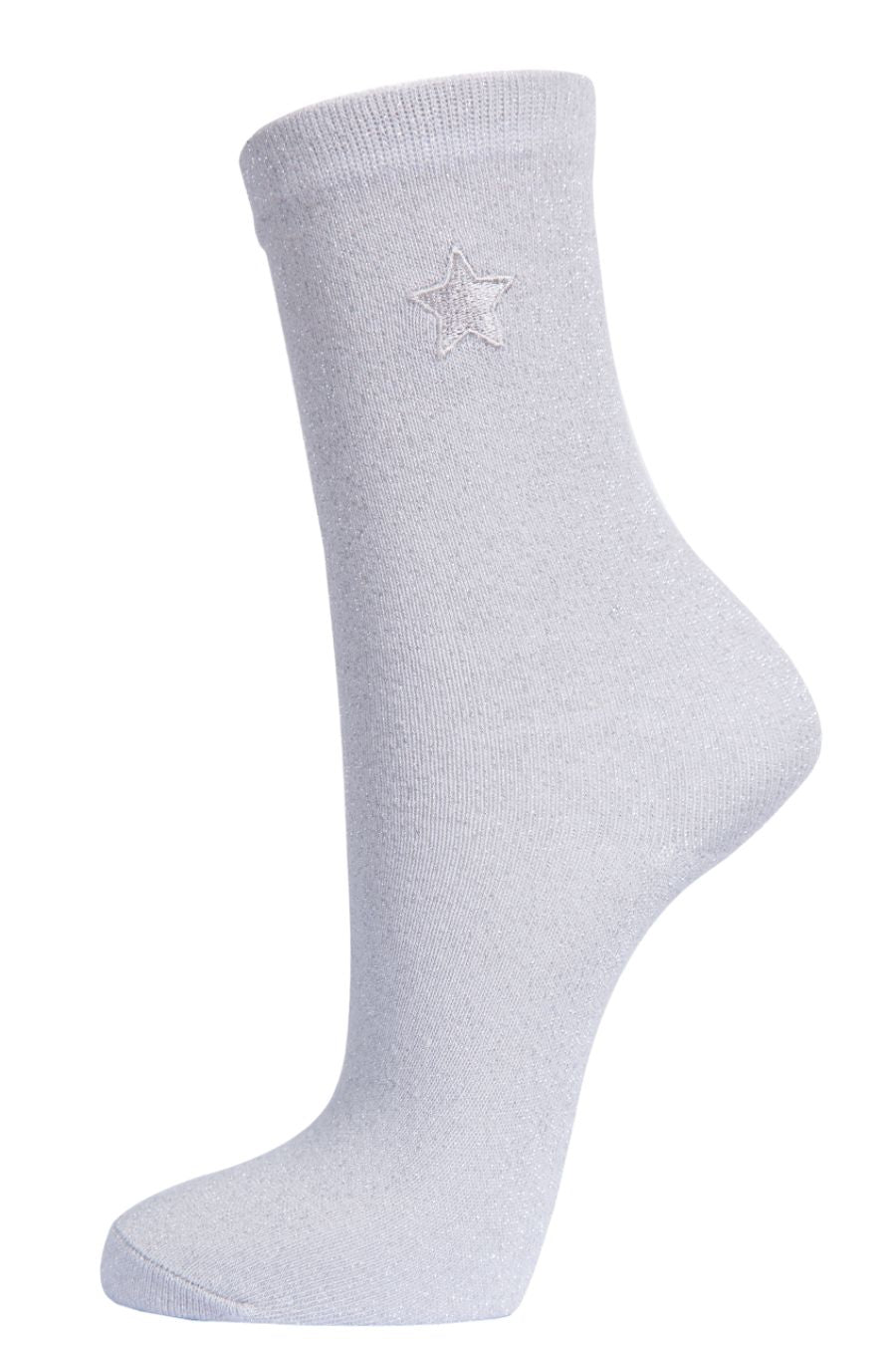 Women's Glitter Socks - Silver, Embroidered Star