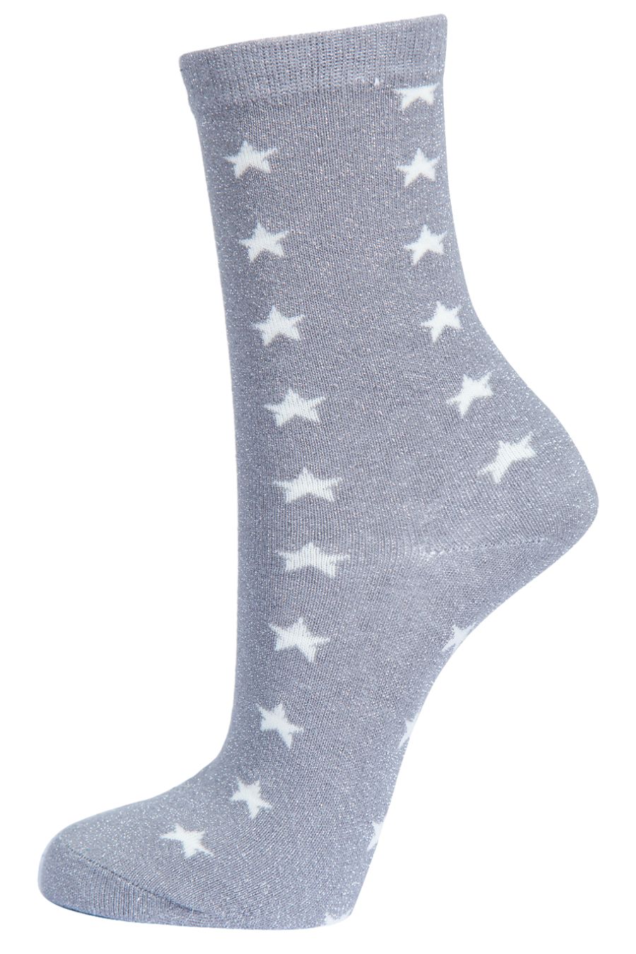 grey socks with a pattern of white stars and an all over silver sparkle