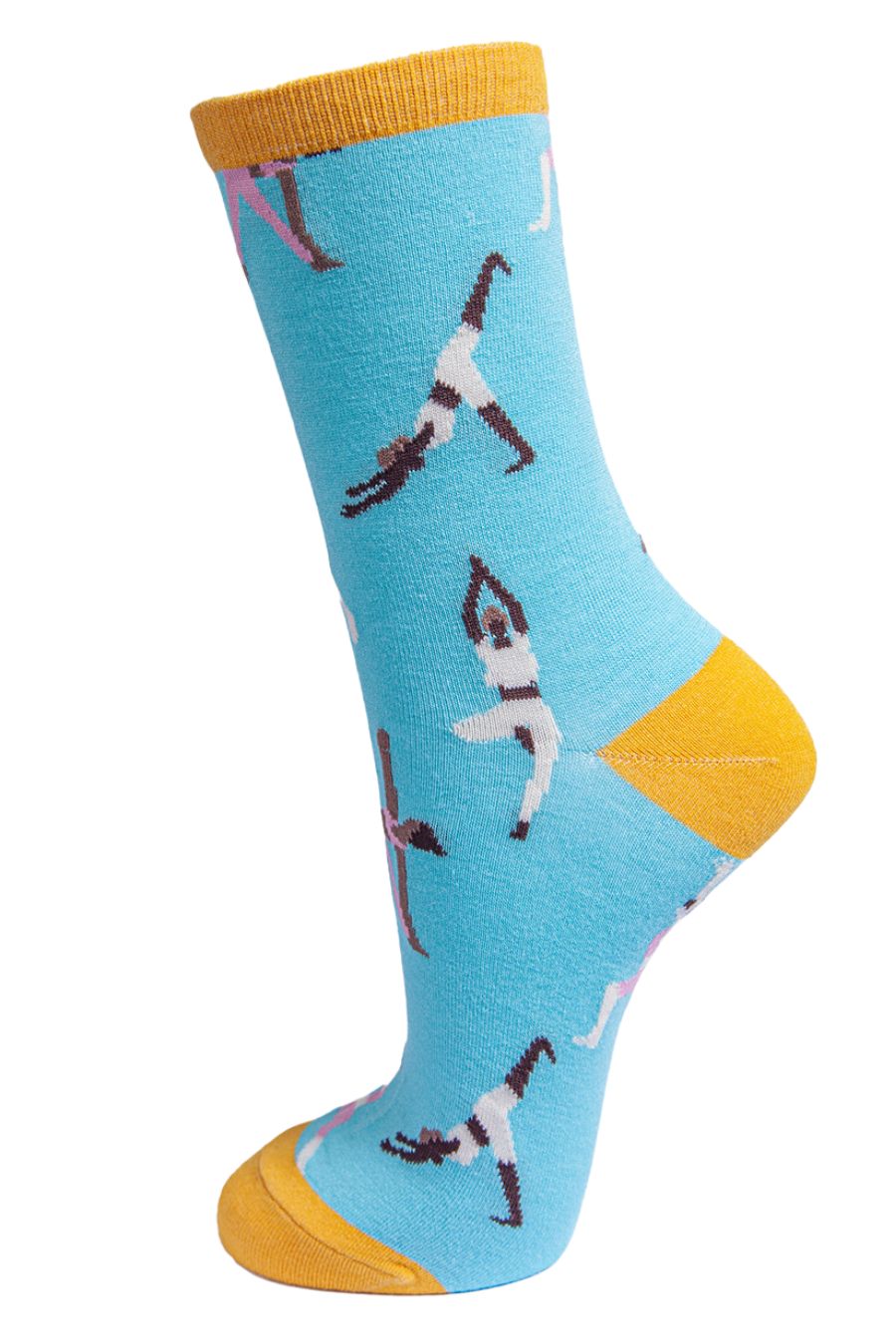 light blue socks with a contrasting yellow heel, toe and cuff with an all over pattern of people doing yoga poses