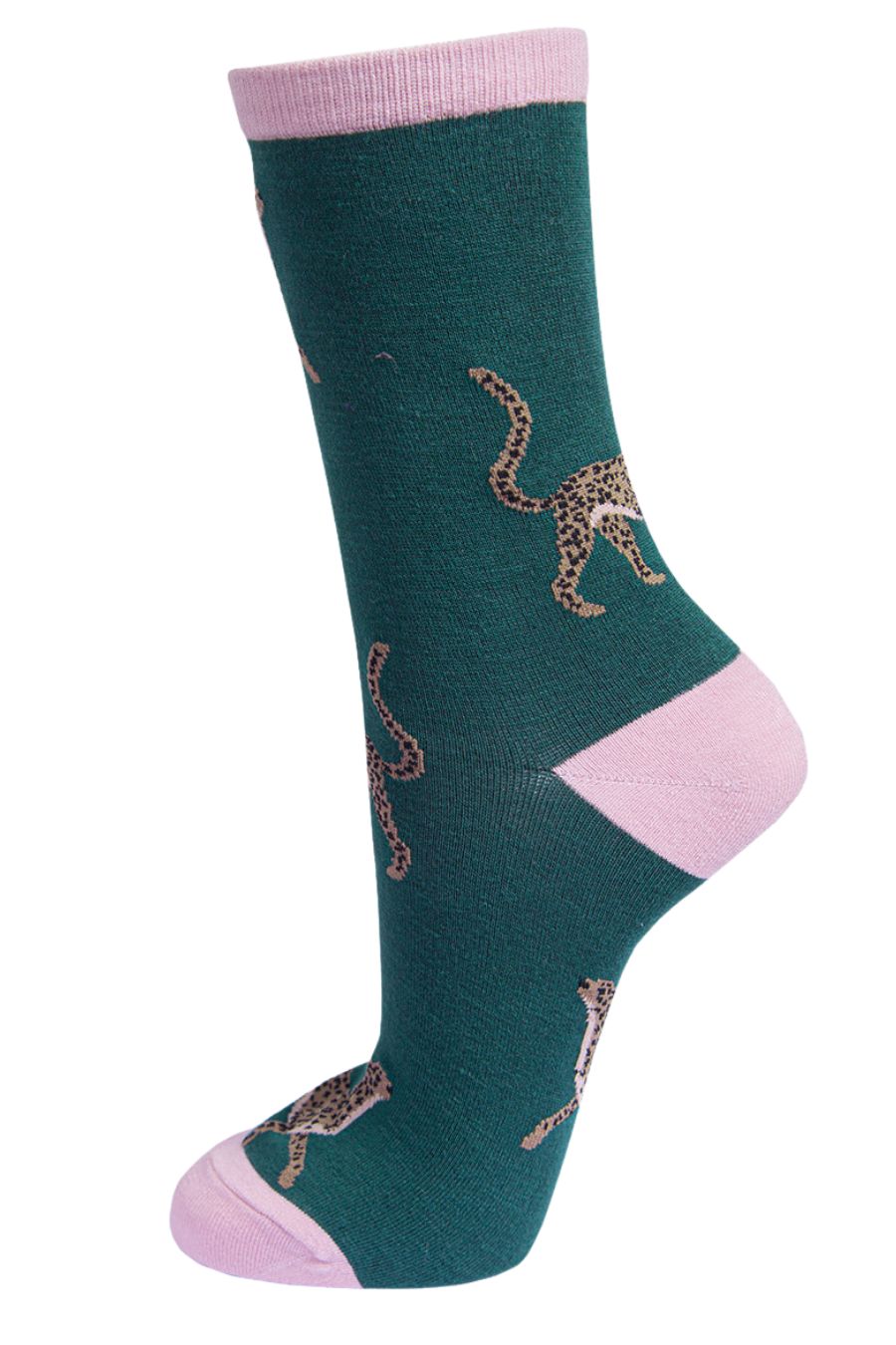 green socks with contrasting pastel pink heel, toe and cuff with an all over pattern of large cheetah cats