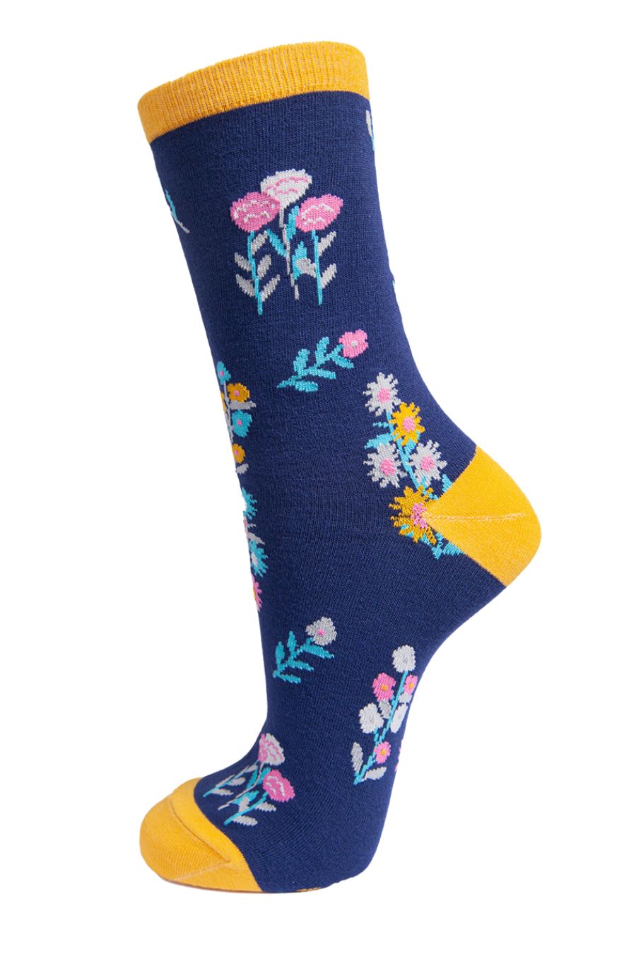 navy blue socks with a multicoloured ditsy floral pattern and yellow heel, toe and cuff