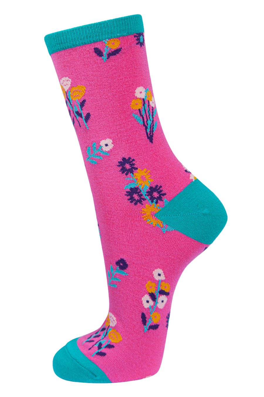 fuchsia pink socks with a multicoloured ditsy floral pattern and turquoise heel, toe and cuff