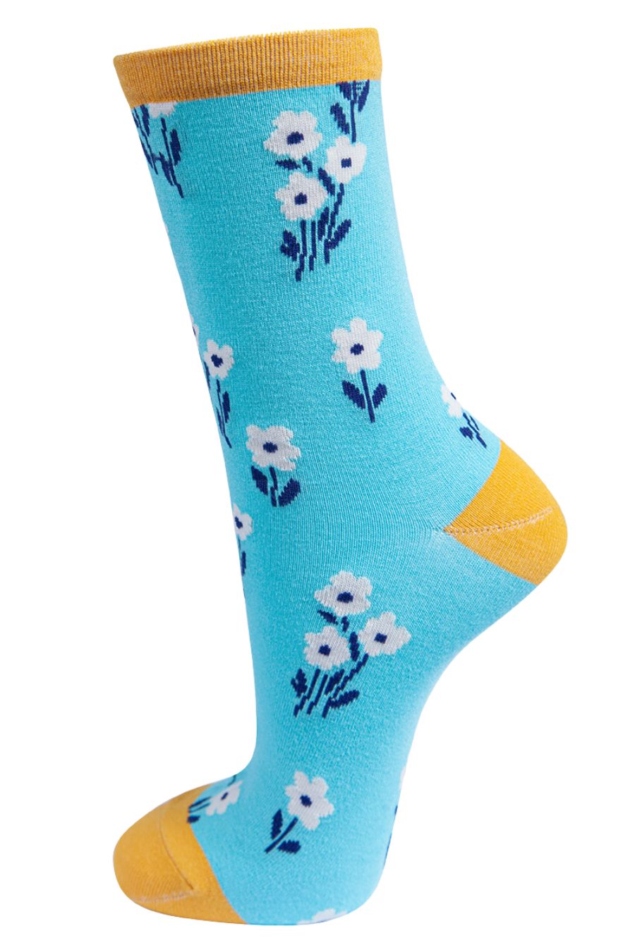 duck egg blue socks with a white ditsy floral pattern and yellow heel, toe and cuff