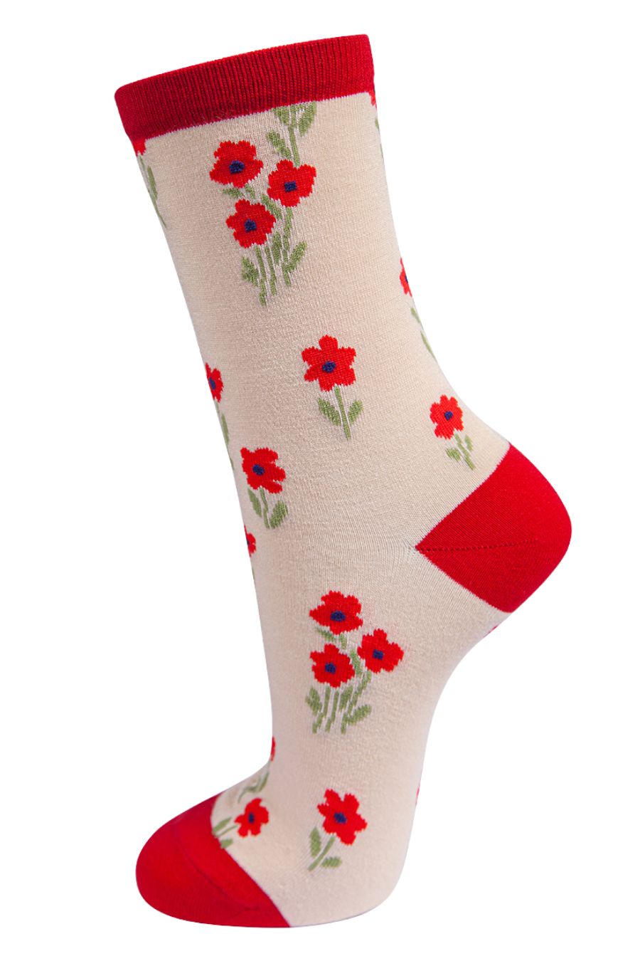 cream socks with a red ditsy floral pattern and red heel, toe and cuff