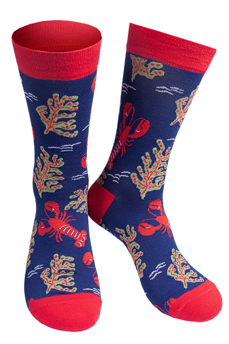 navy blue and red socks with a pattern of lobsters and ocean plant life