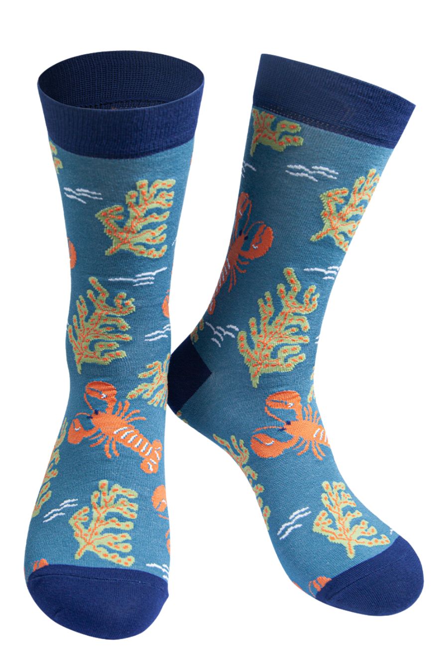 blue socks with a pattern of lobsters and ocean plant life
