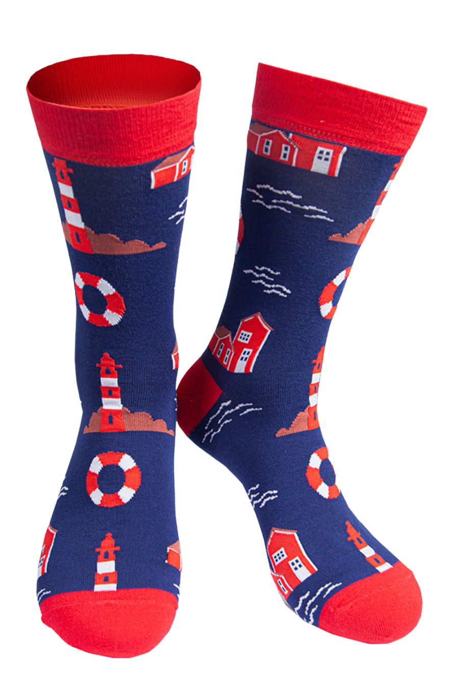 navy blue socks with a red heel, toe and cuff with a pattern of lighthouses and lifebuoys