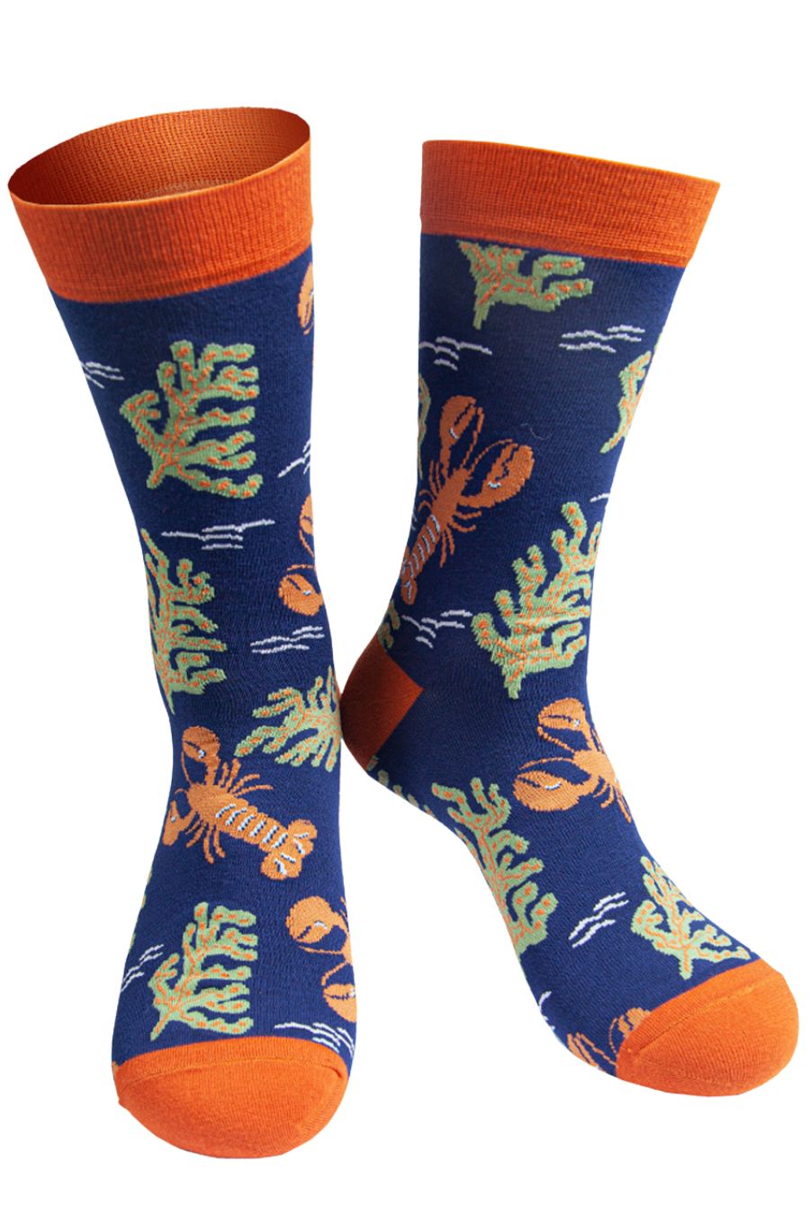 navy blue socks with a pattern of lobsters and ocean plant life