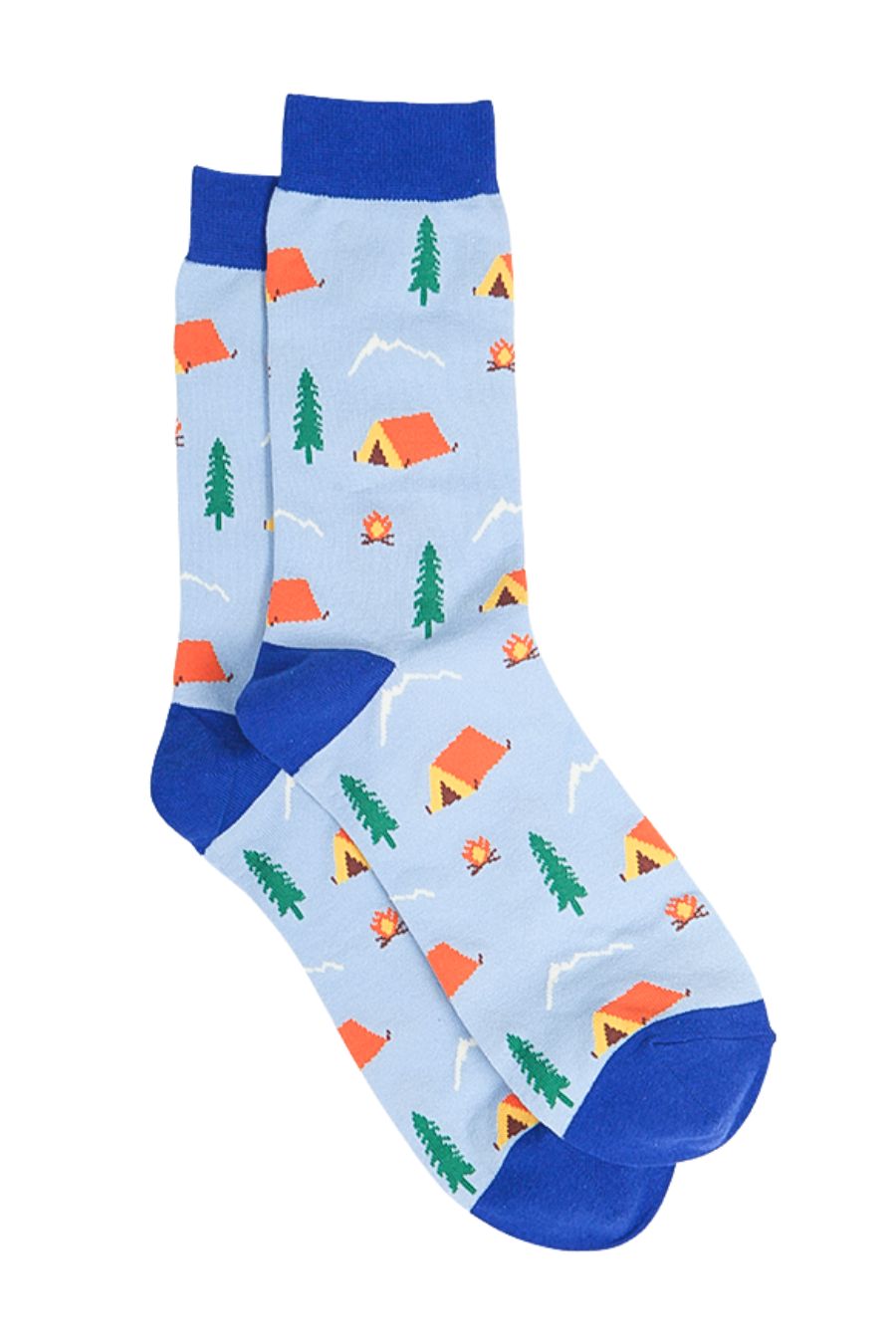 light blue socks with royal blue heel, toe and cuff with an all over pattern of tends, trees and campfires