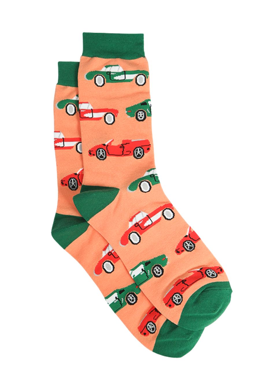 pastel orange socks with a green heel, toe and cuff with an all over pattern of red and green sports cars