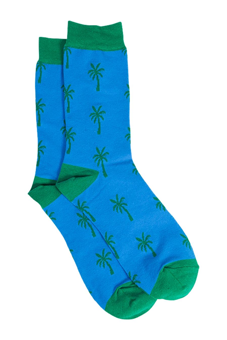 blue socks with a pattern of green palm trees
