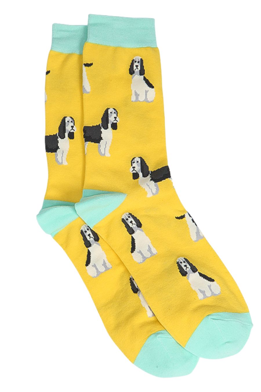 yellow socks with an all over pattern of springer spaniel dogs