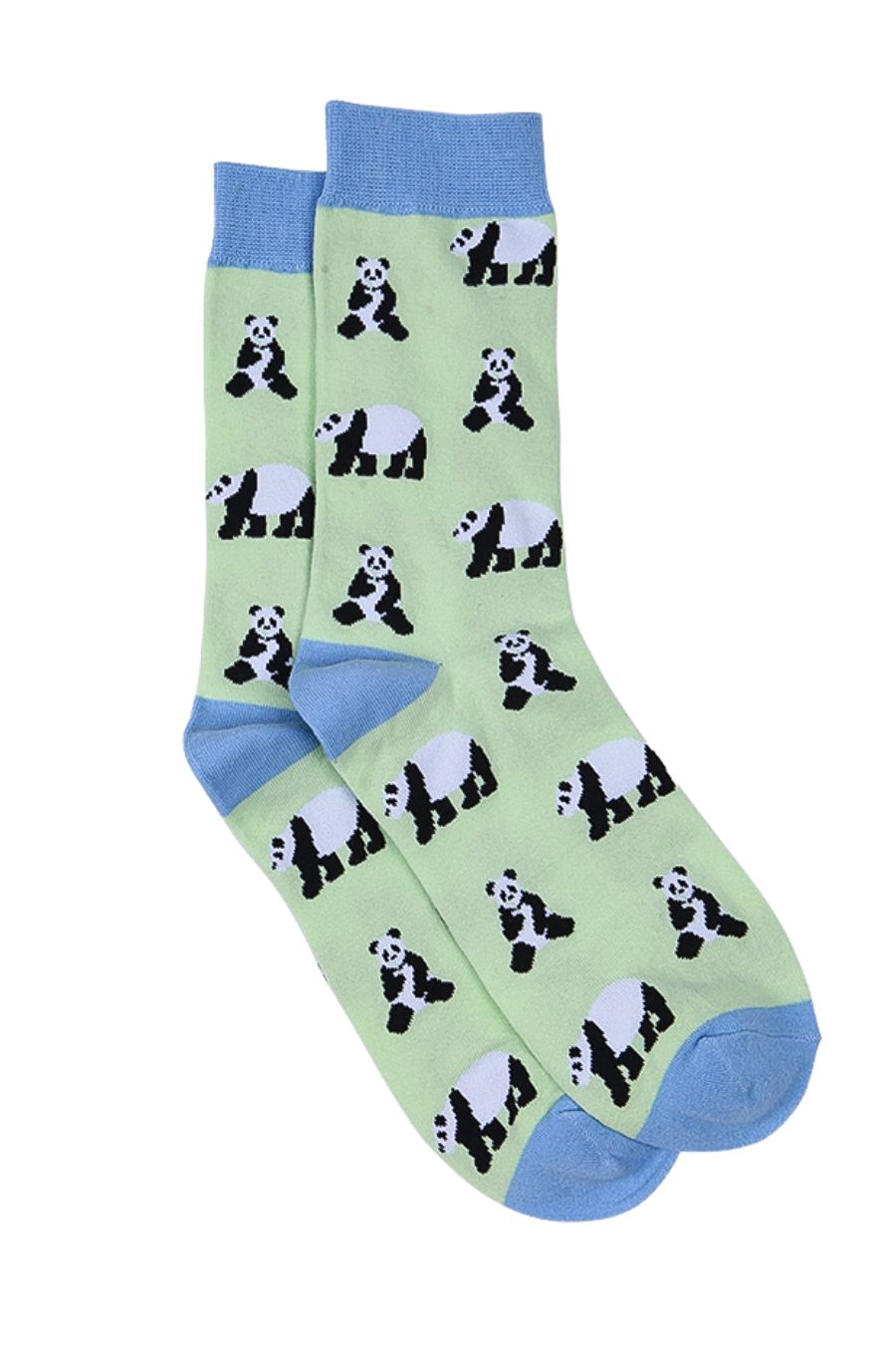 light green socks with a light blue heel, toe and cuff with an all over pattern of panda bears