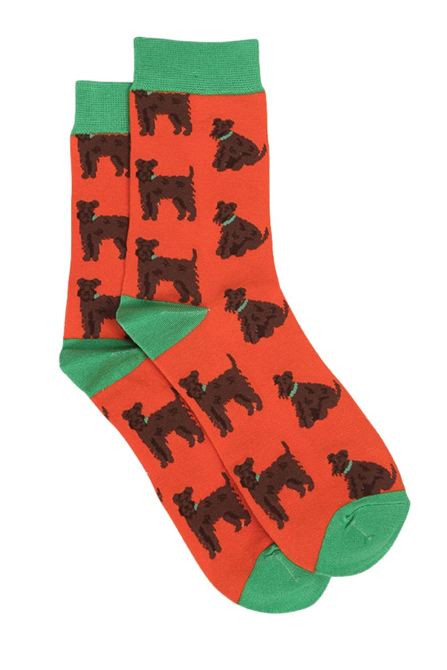 orange socks with a green cuff and an all over pattern of schnauzer dogs