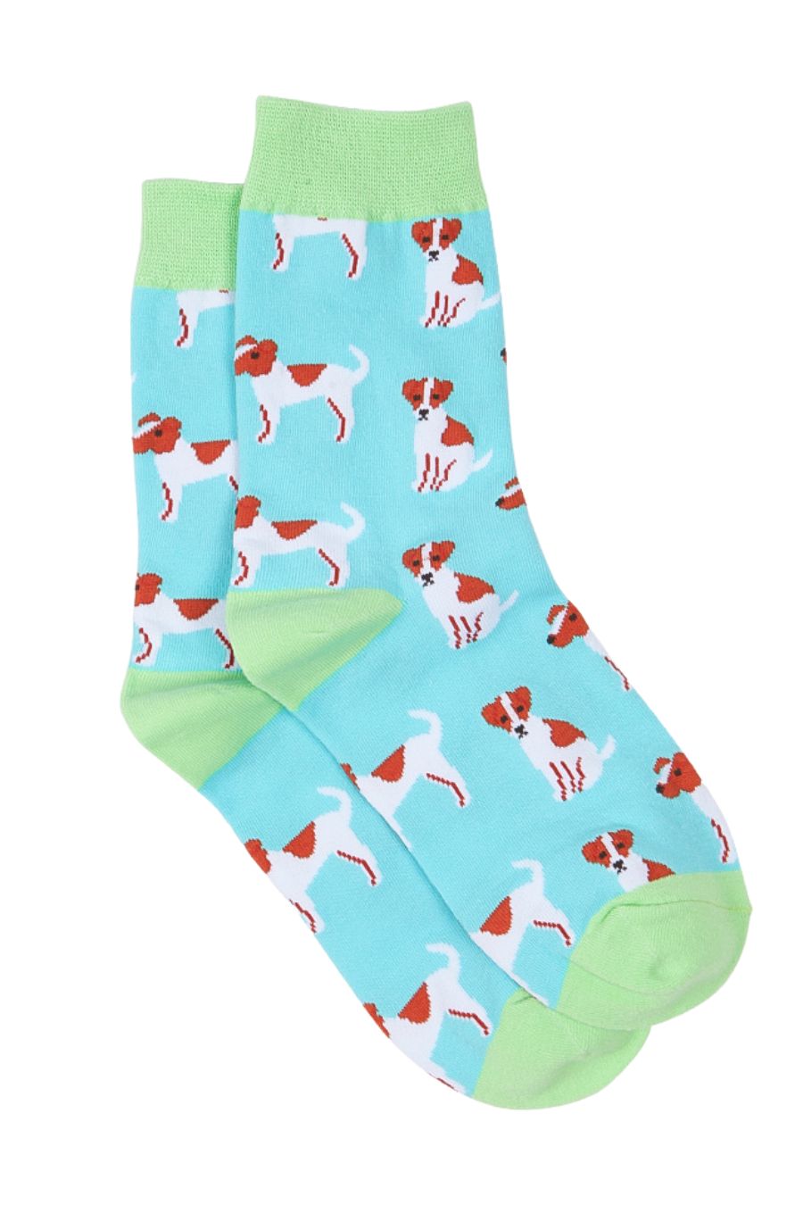 blue socks with an all over pattern of jack russell terrier dogs