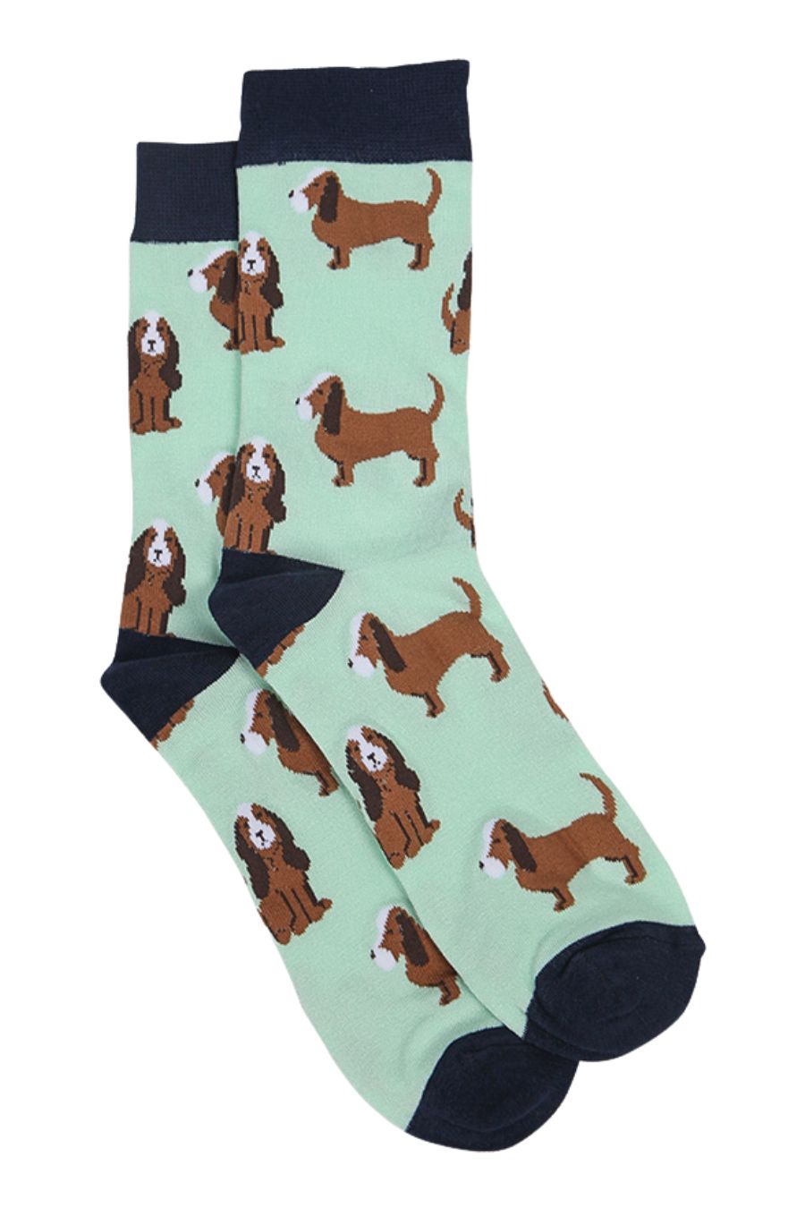 light green socks with an all over pattern of basset hound dogs