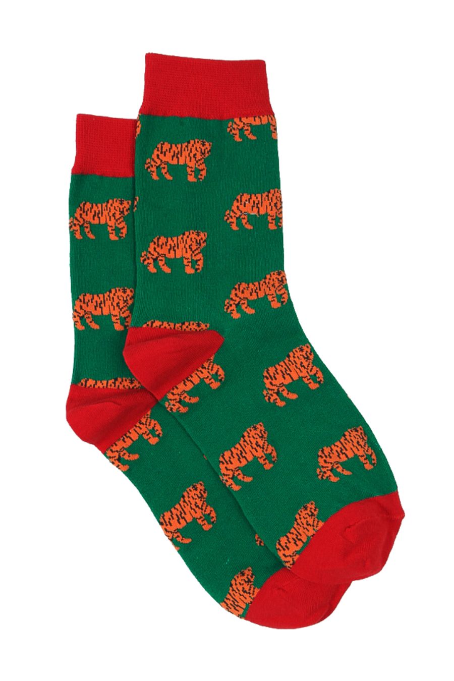 green socks with a red heel, toe and cuff with an all over pattern of orange tiger cats