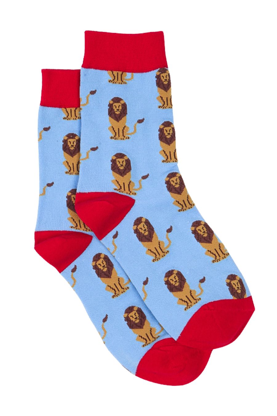 blue socks with an all over lion pattern