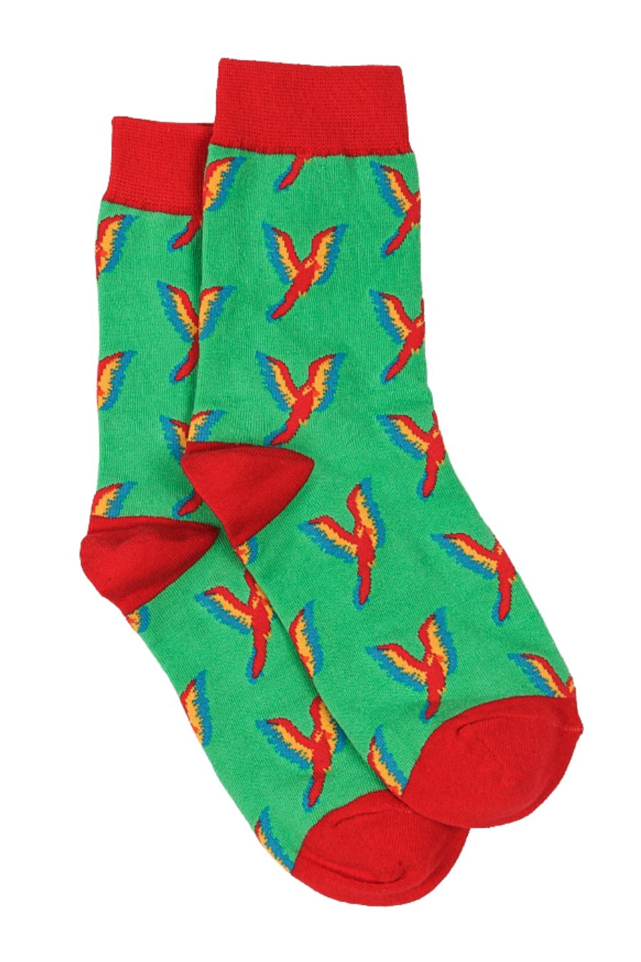 green socks with a red heel, toe and cuff with an all over pattern of red parrots