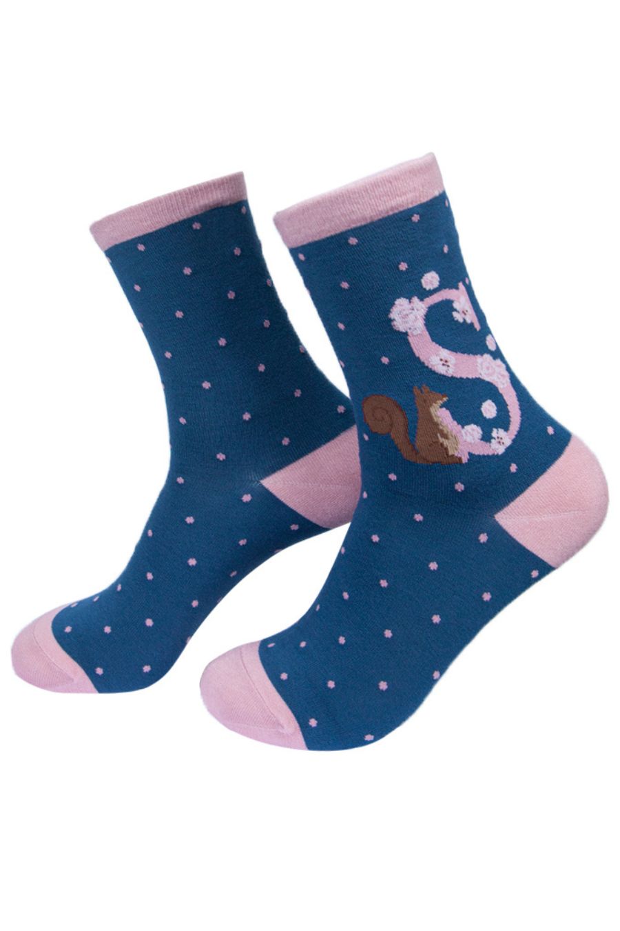 blue socks with a large letter s, a squirrel and a floral pattern on the ankle