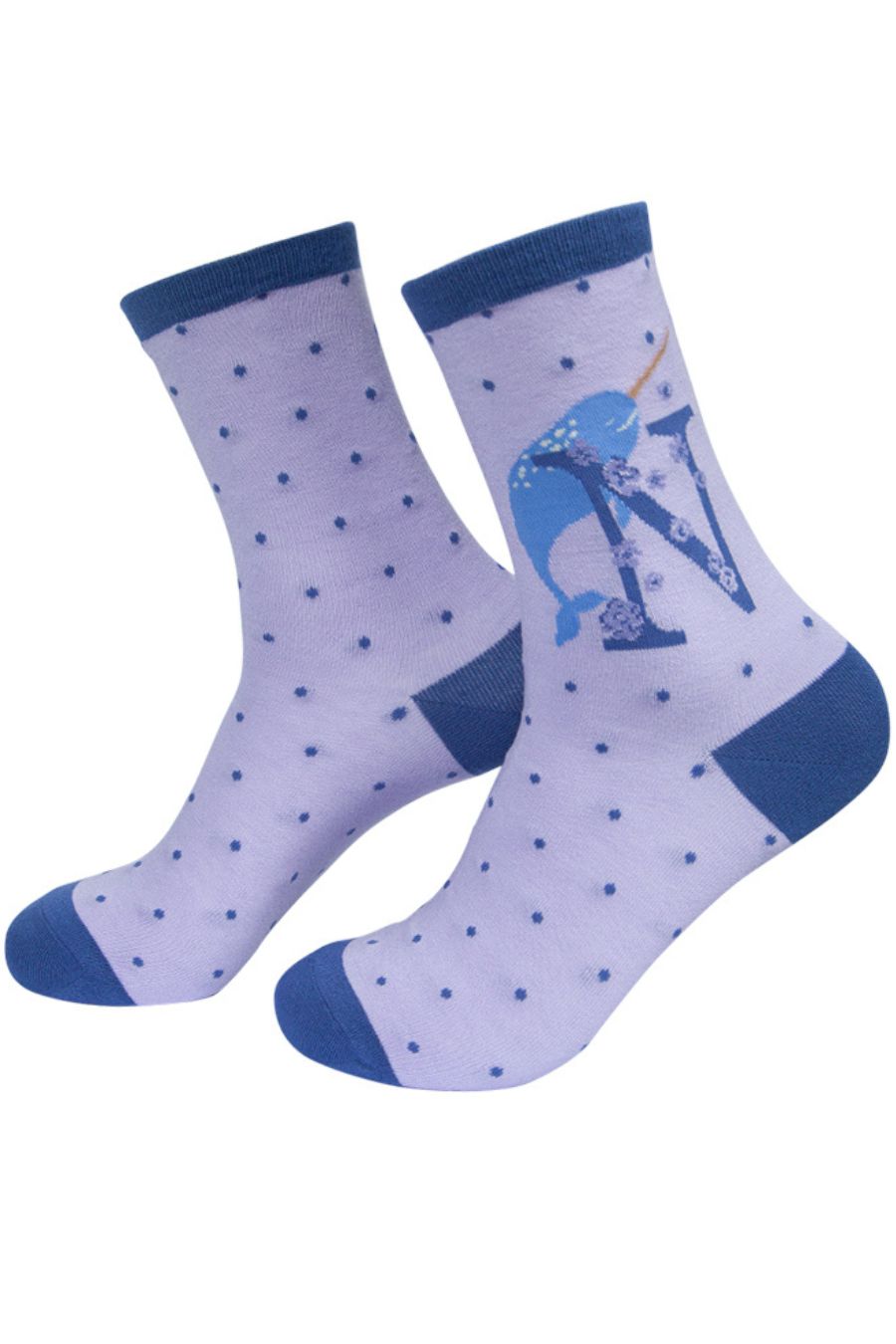 lilac socks with a large letter n, a narwhal and a floral pattern on the ankle
