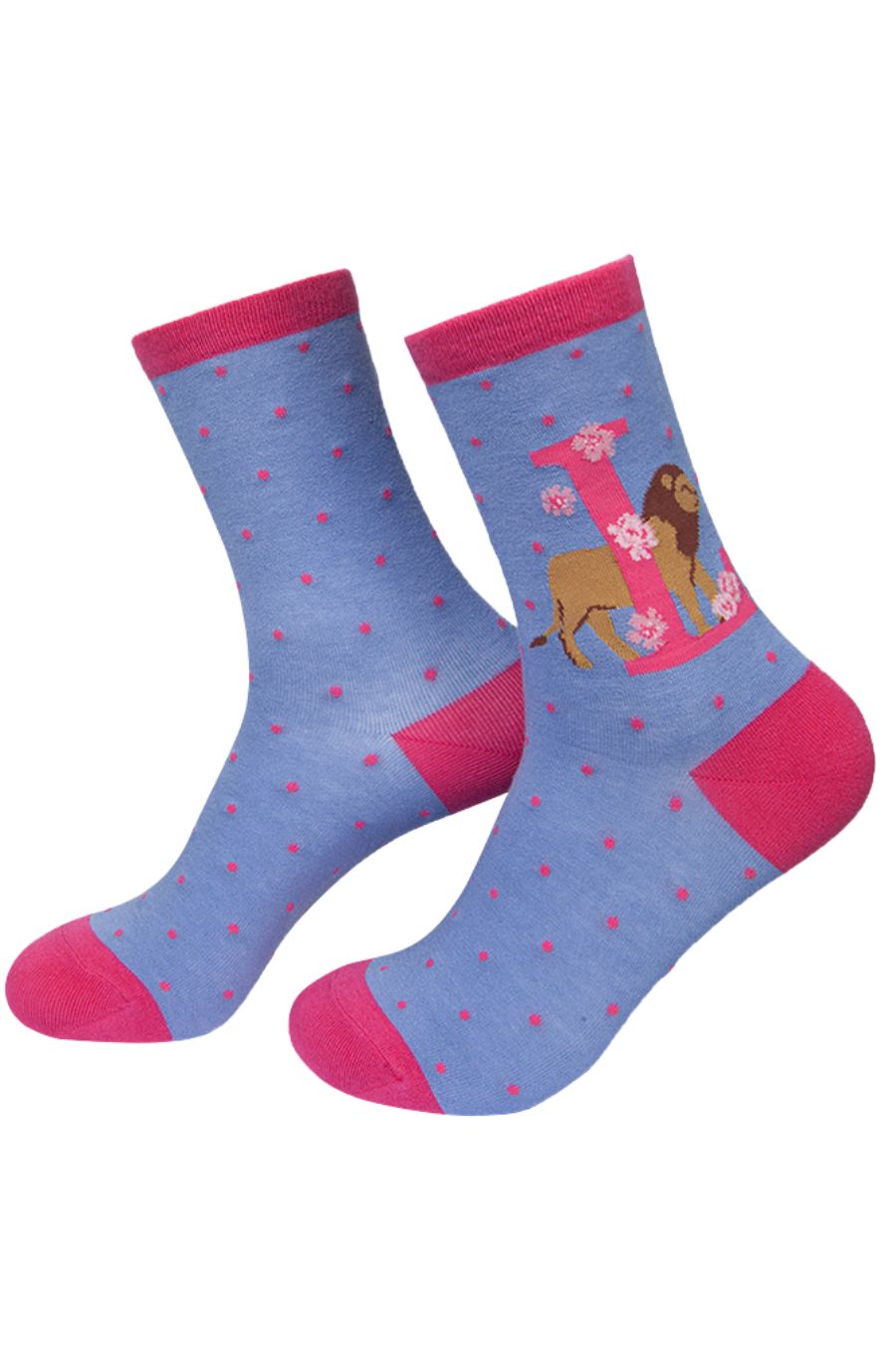 lilac blue socks with a large letter l, a lion and a floral pattern on the ankle