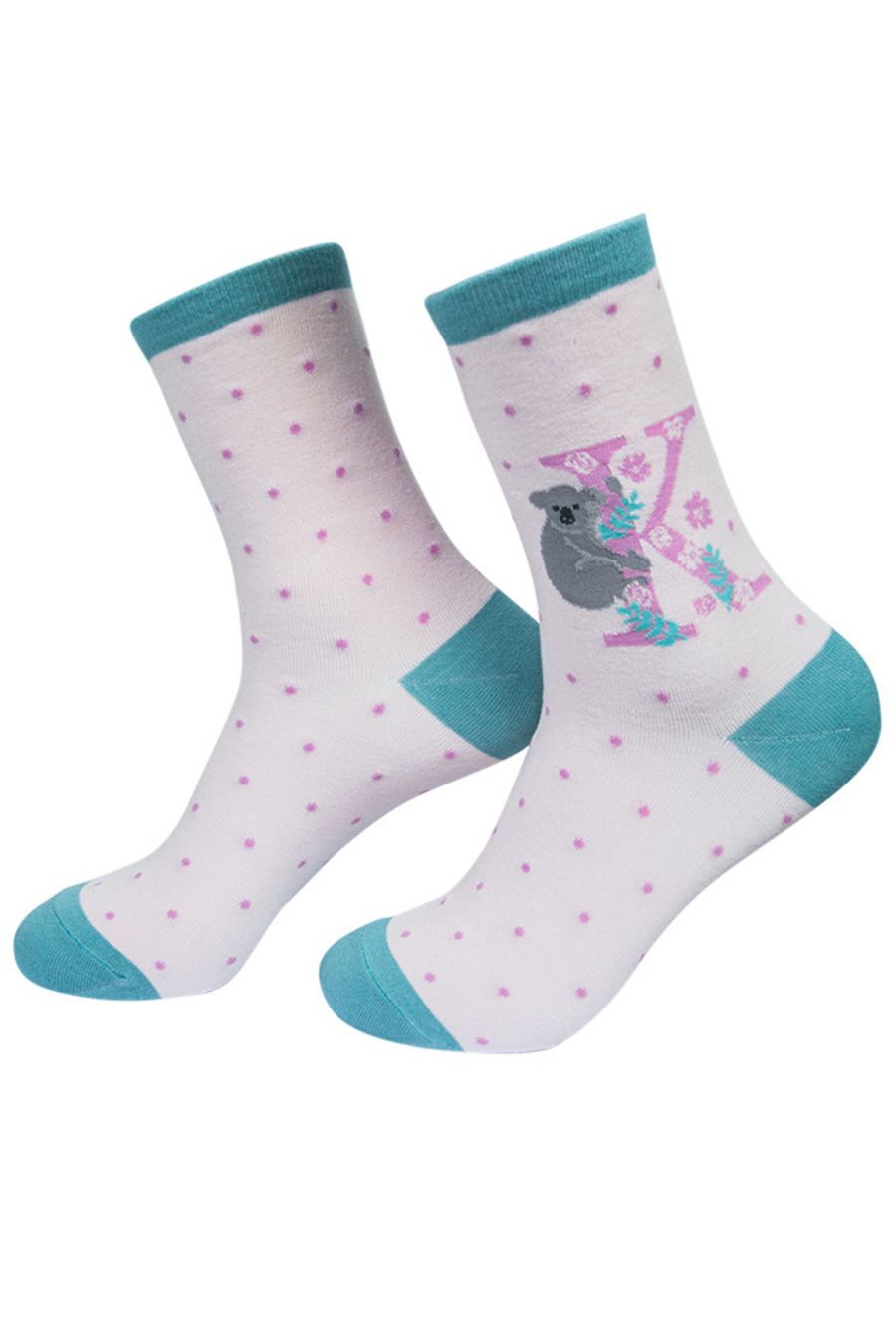 light pink socks with turquoise trim, heel and cuff  a large letter k, a koala and a floral pattern on the ankle