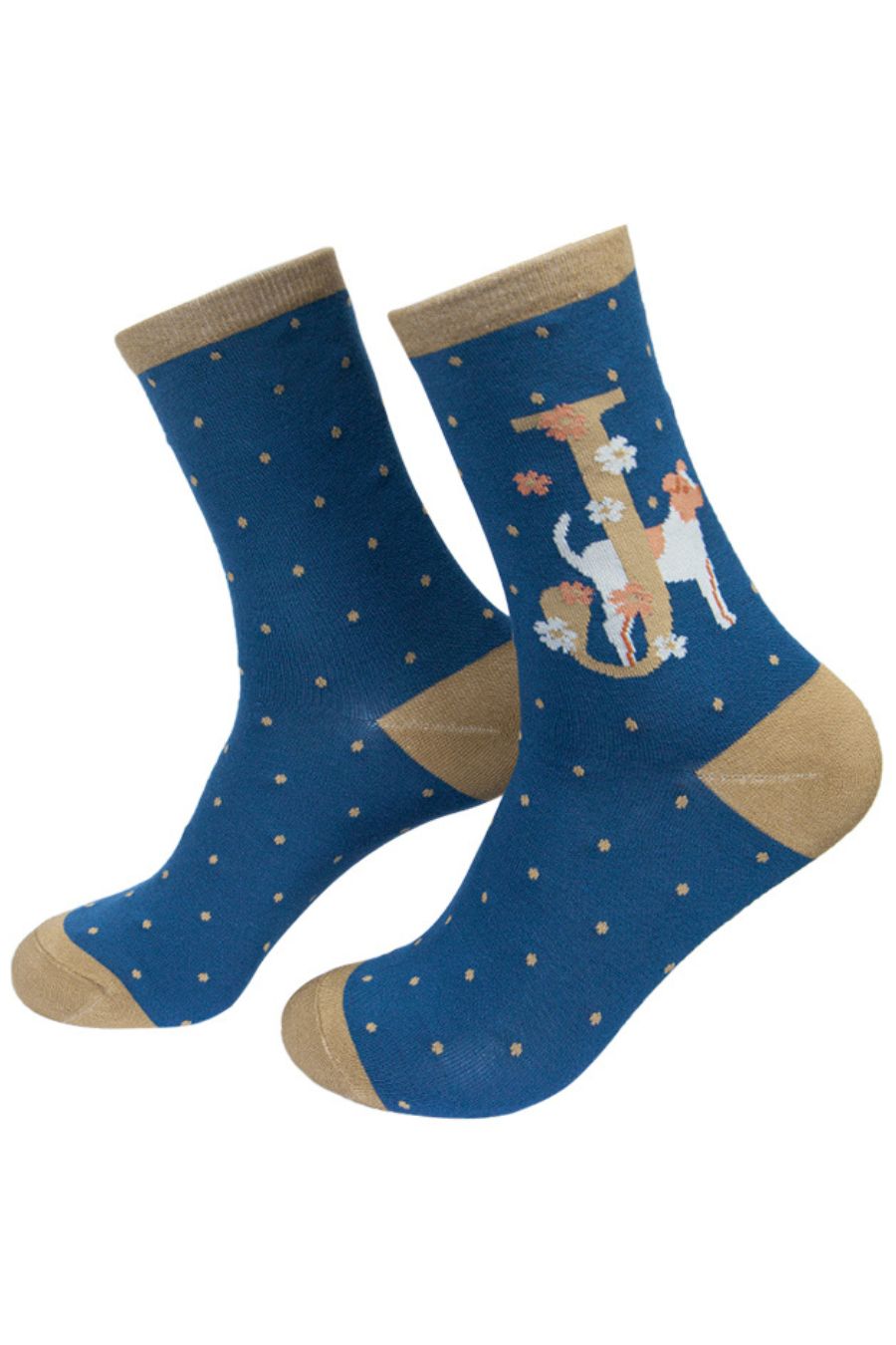 blue socks with a large letter j, a jack russell dog and a floral pattern on the ankle