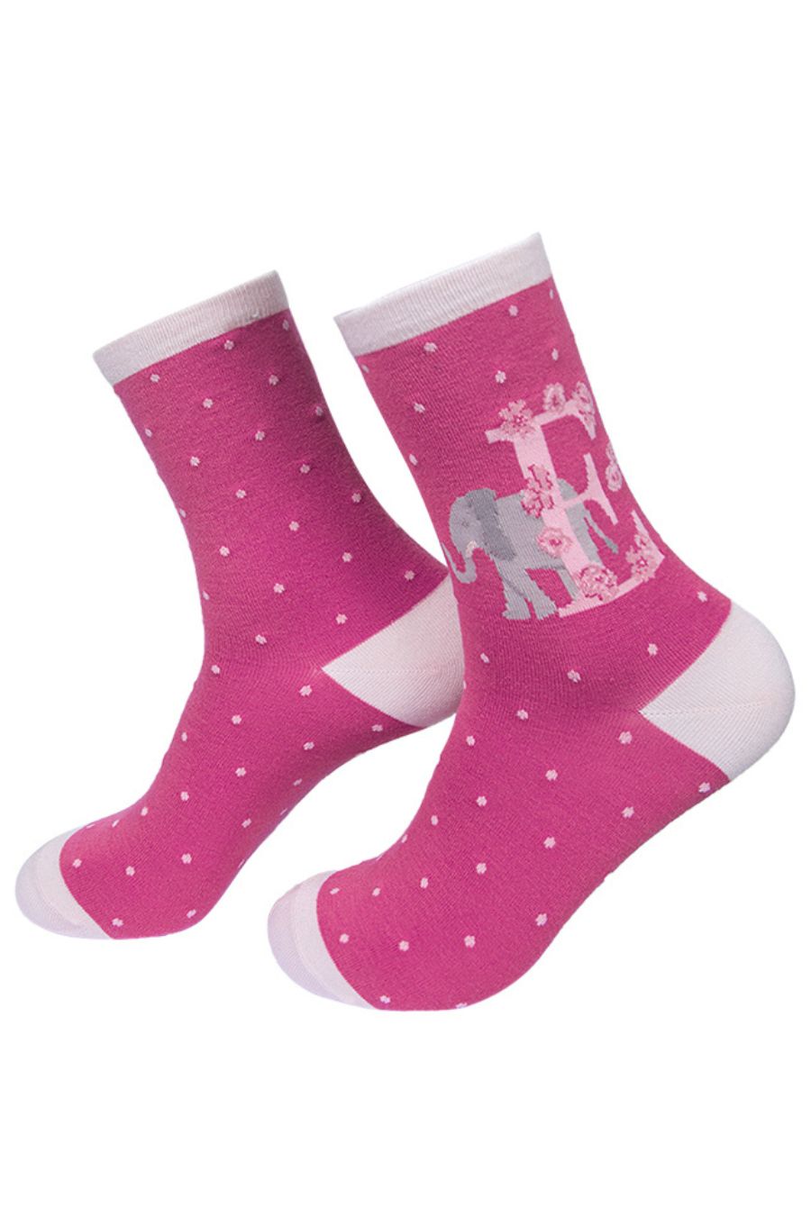 pink socks with a large letter e, an elephant and a floral pattern on the ankle