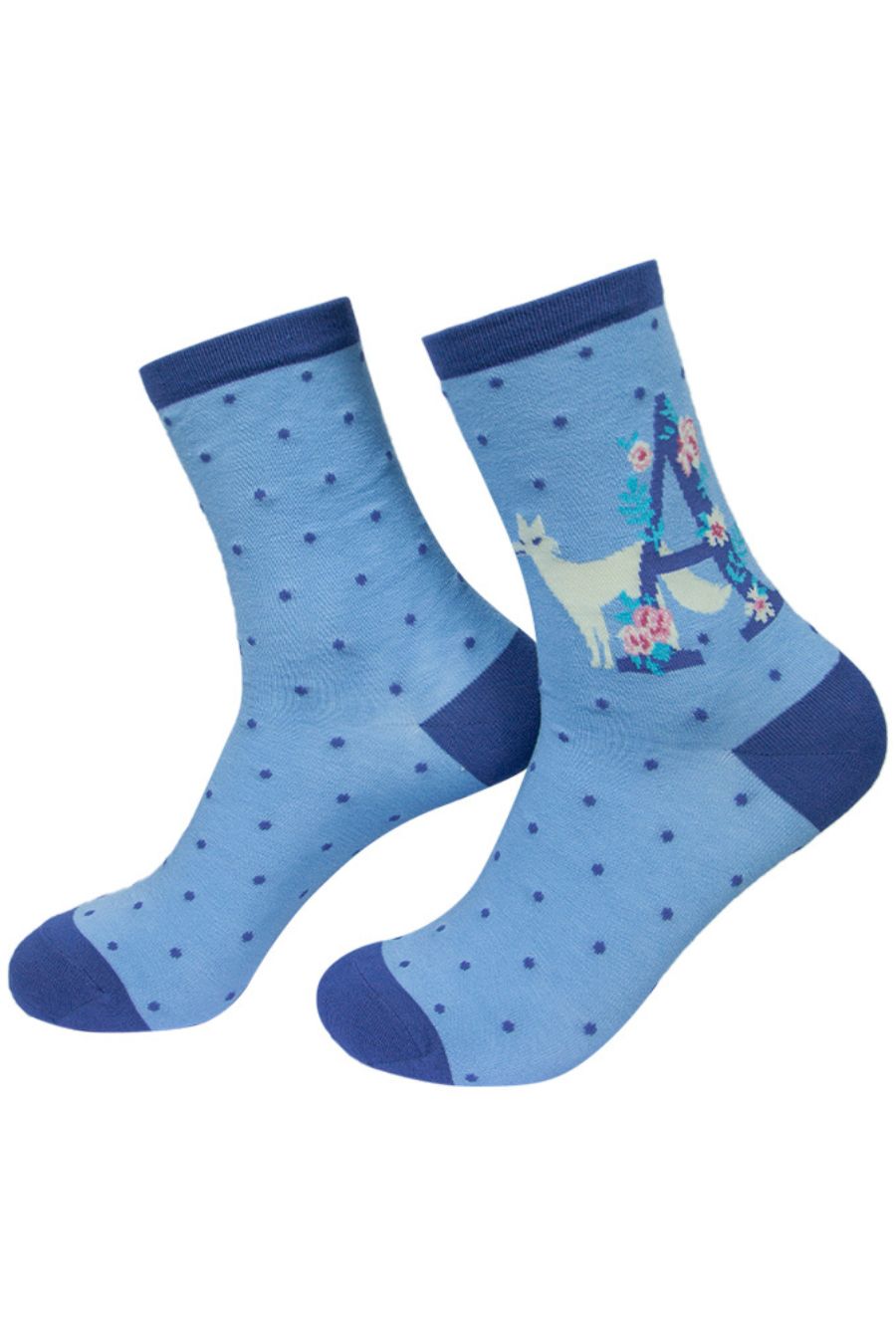 blue socks with a large letter a, an alpaca and a floral pattern on the ankle