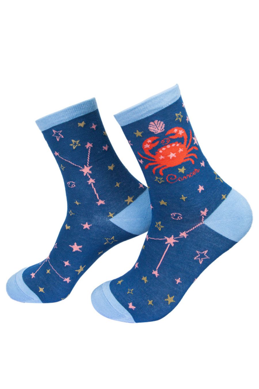 blue ankle socks with the constellation and symbol of cancer the crab