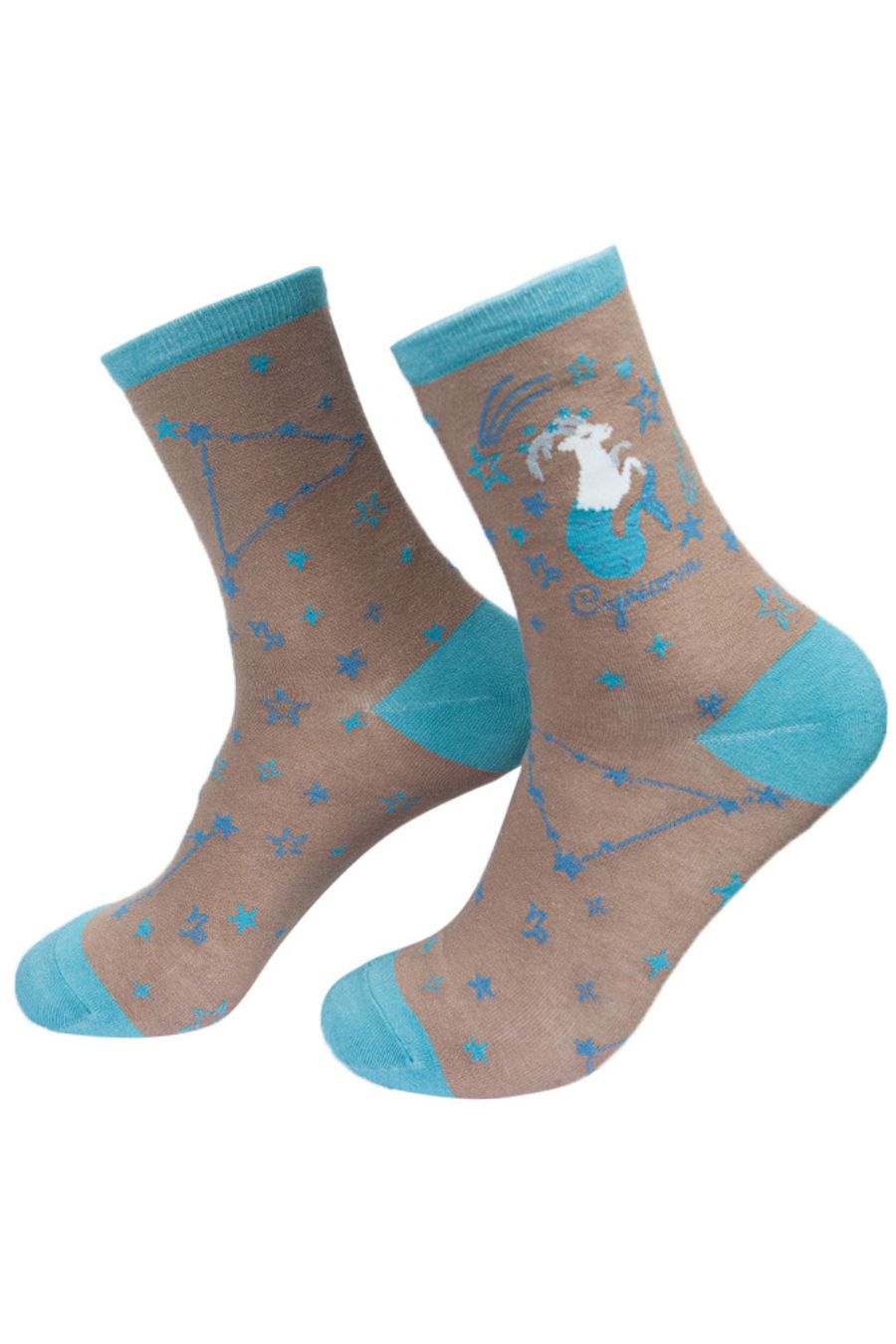 mustard and blue ankle socks with the constellation and symbol of capricorn