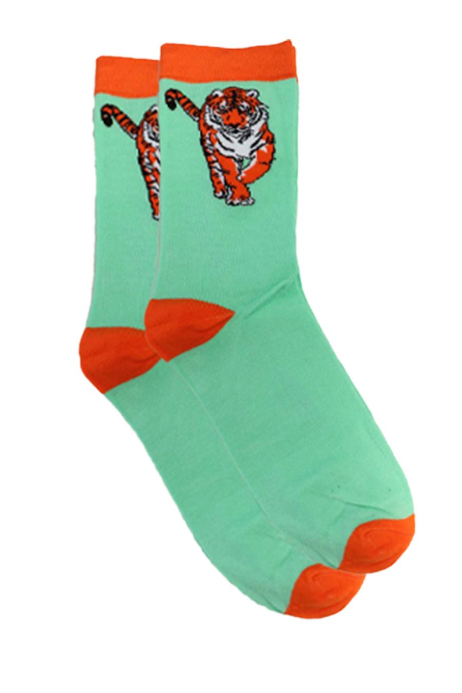 green socks with an orange heel, toe and cuff with a large orange tiger motif on the ankle