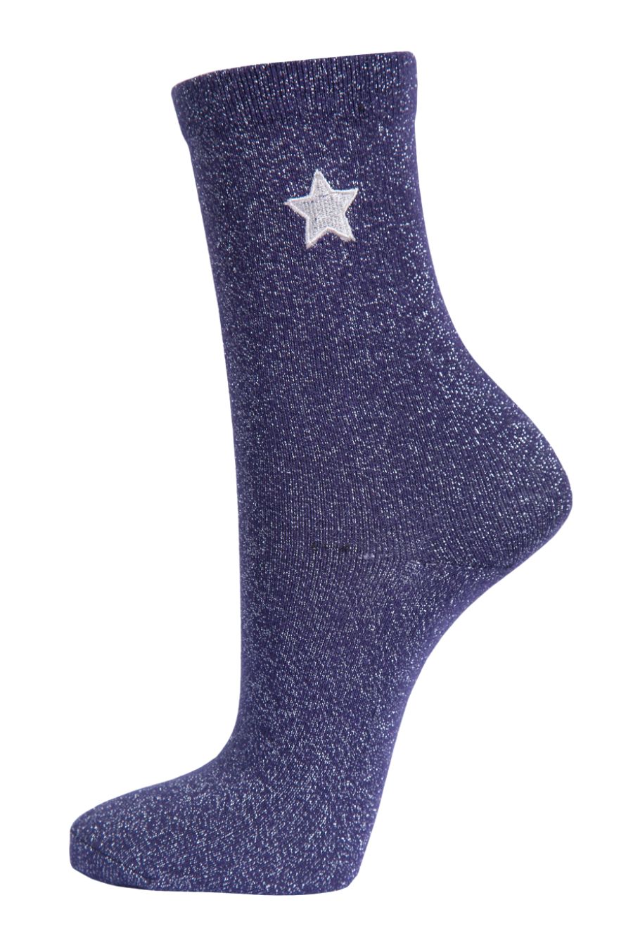 Womens Glitter Socks Embroidered Star Ankle Socks Sparkle Shimmer Navy Blue