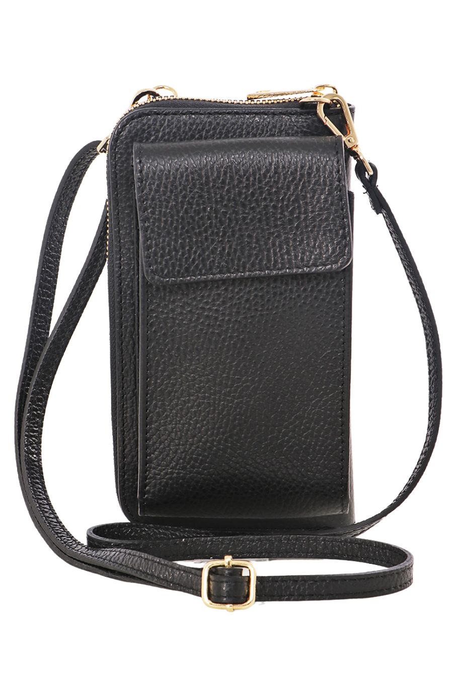 Black Italian Leather Mobile Phone Wallet Combo Bag