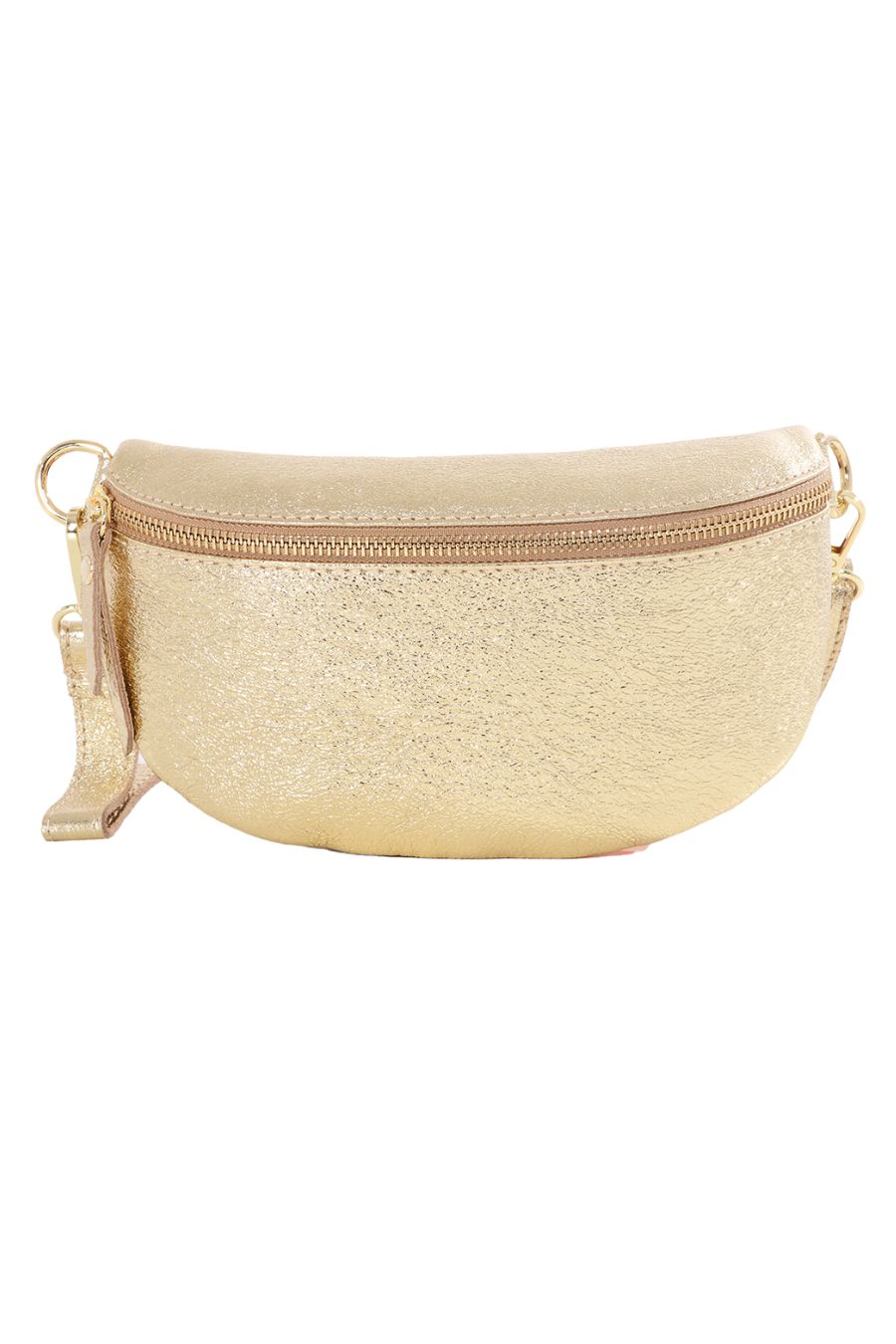  a metallic gold leather half moon bag. the bag has a gold zip fastening compartment at the top and gold coloured attachment hoops on each side. 