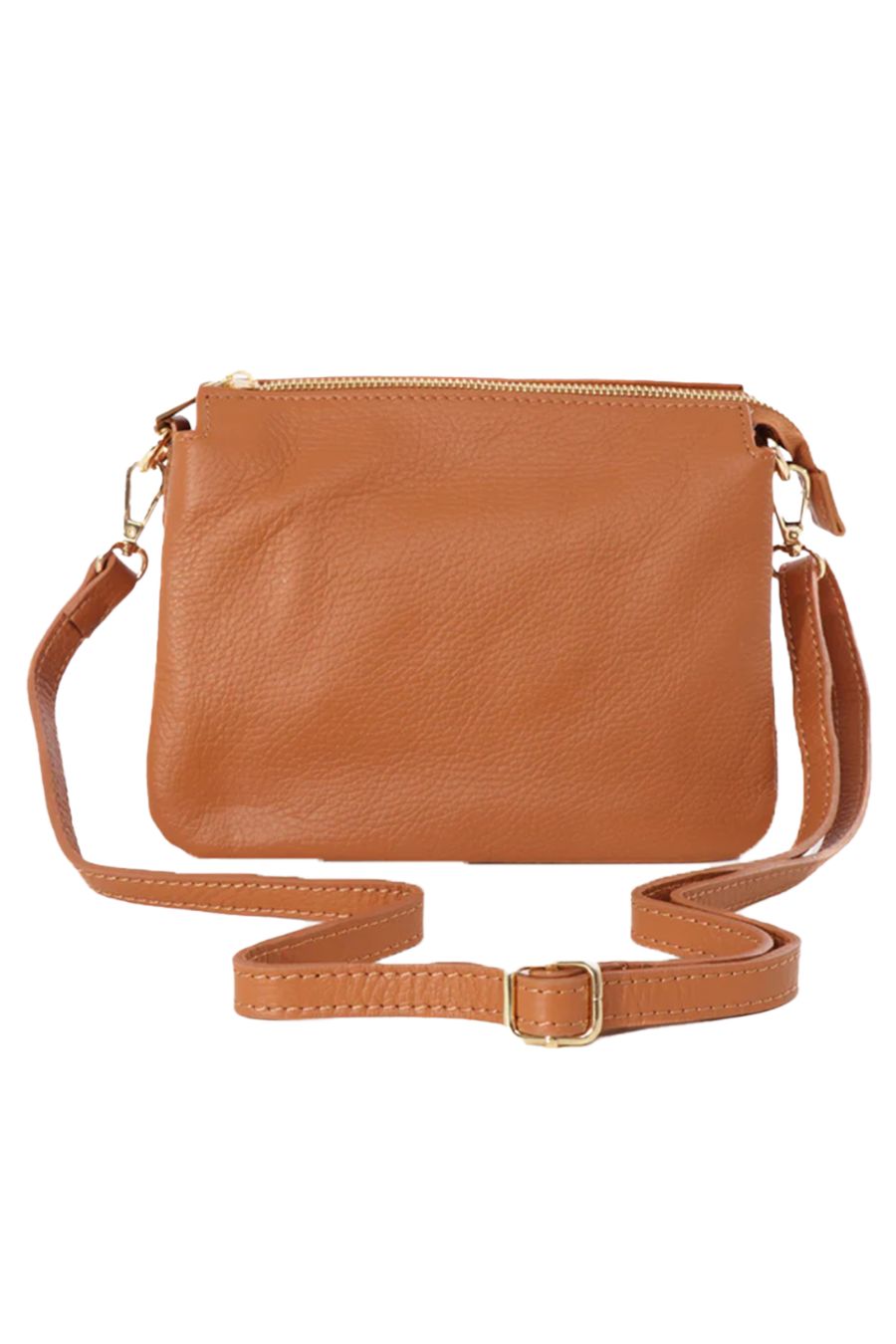 tan brown pebbled leather crossbody bag with zip closure and a detachable adjustable strap