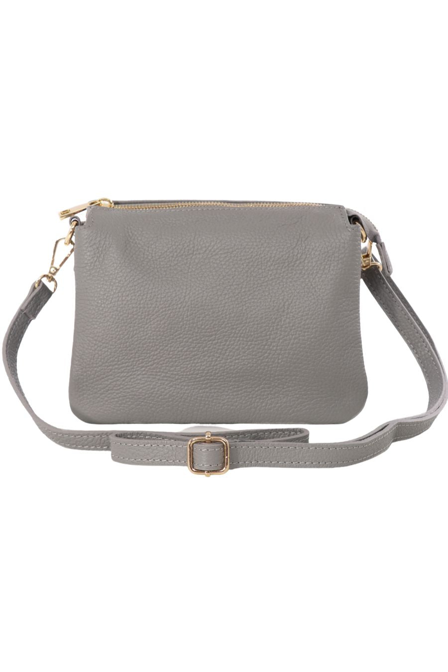 light grey pebbled leather crossbody bag with zip closure and a detachable adjustable strap