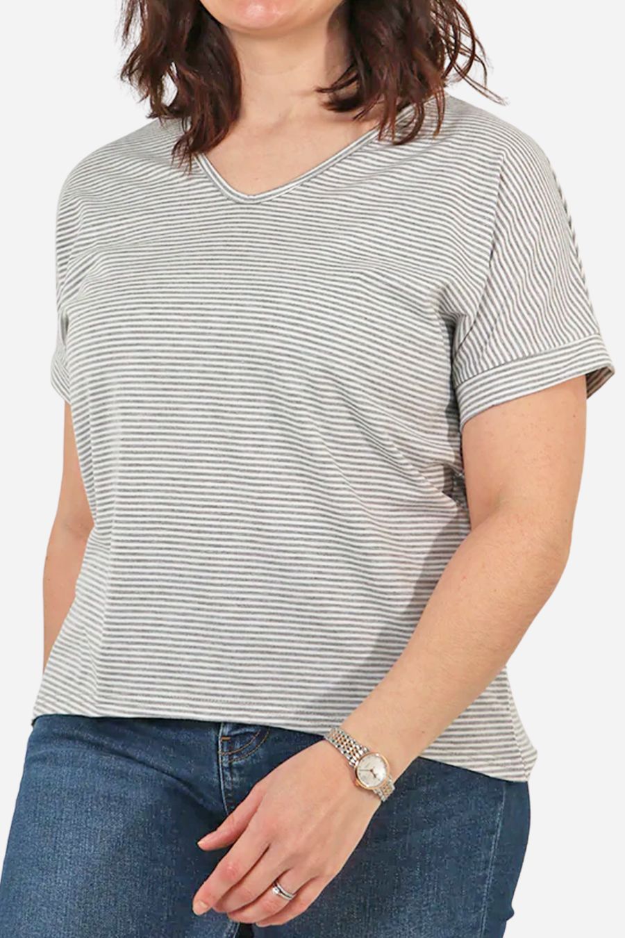 Grey Striped Short Sleeve Top