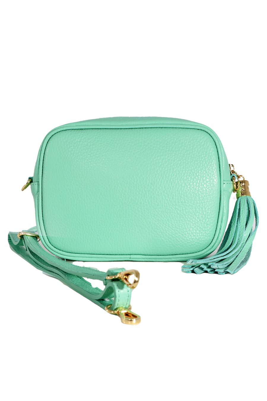 mint green pebbled leather crossbody camera bag with a detachable leather strap