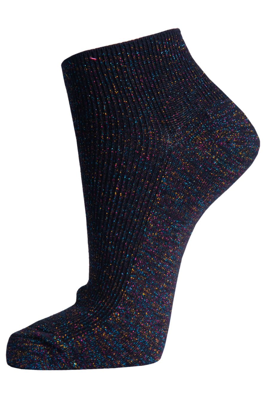 black anklet trainer socks with an all over multicoloured rainbow glitter sparkle