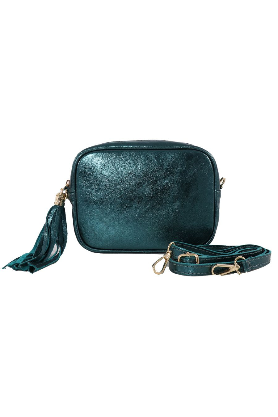 metallic teal crossbody camera bag with detachable bag strap and gold hardware