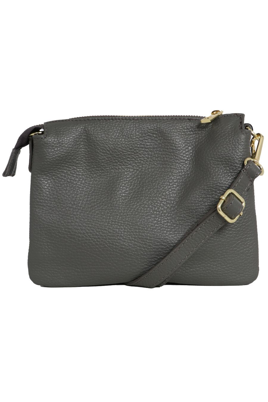 dark grey pebbled leather crossbody bag with zip closure and a detachable adjustable strap