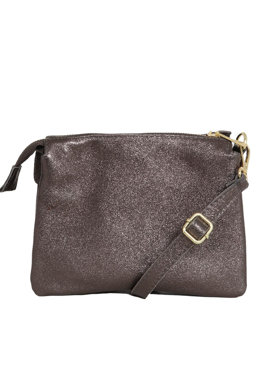 gun metal grey metallic leather crossbody bag with zip closure and a detachable adjustable strap