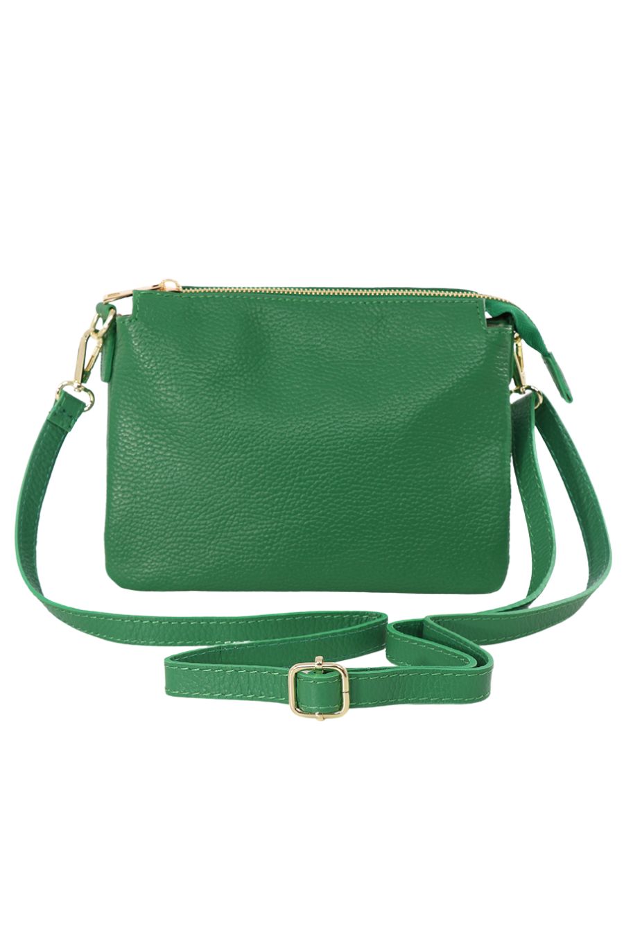 bright green pebbled leather crossbody bag with zip closure and a detachable adjustable strap