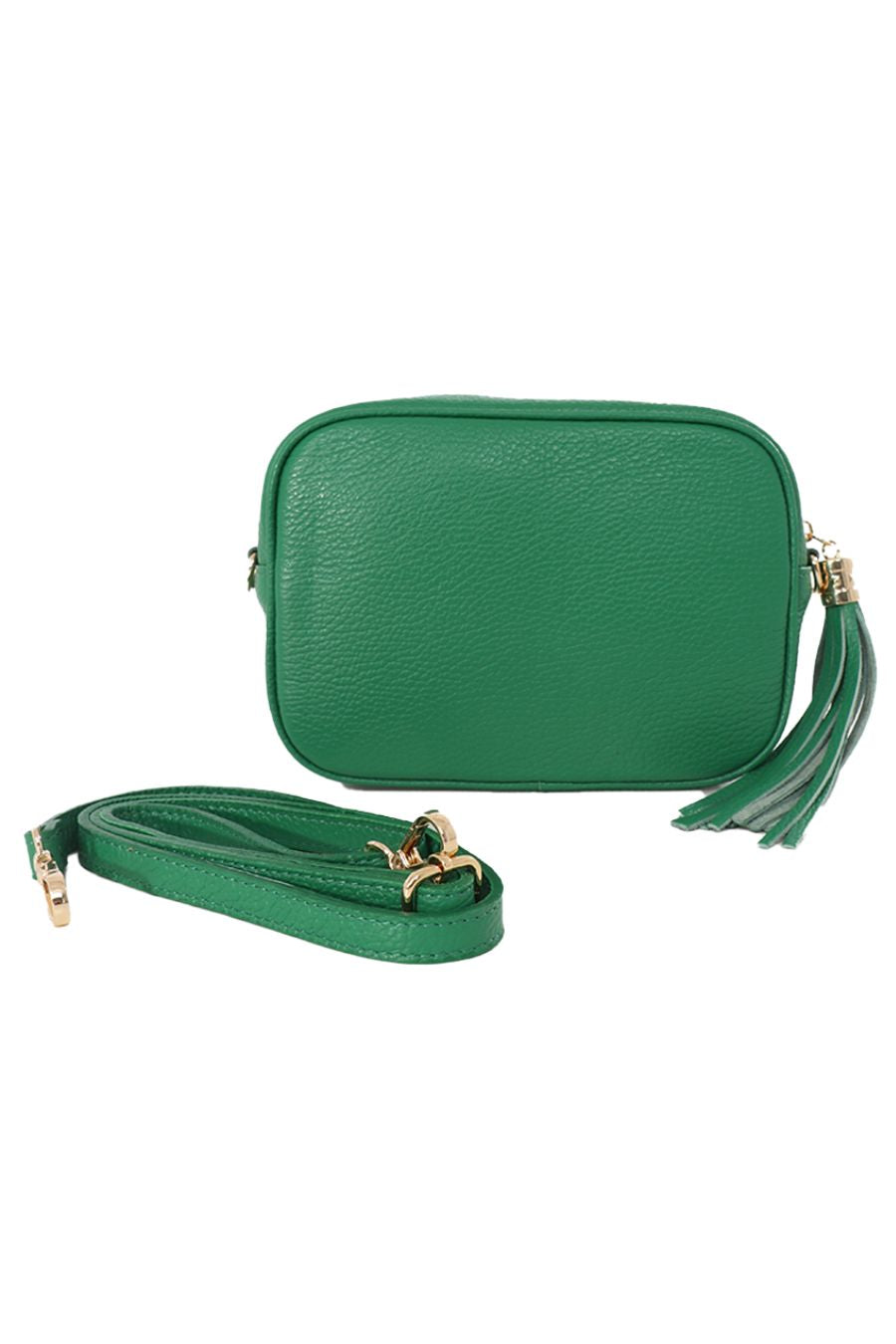 bright green crossbody camera bag with a decorative tassel and gold zip closure