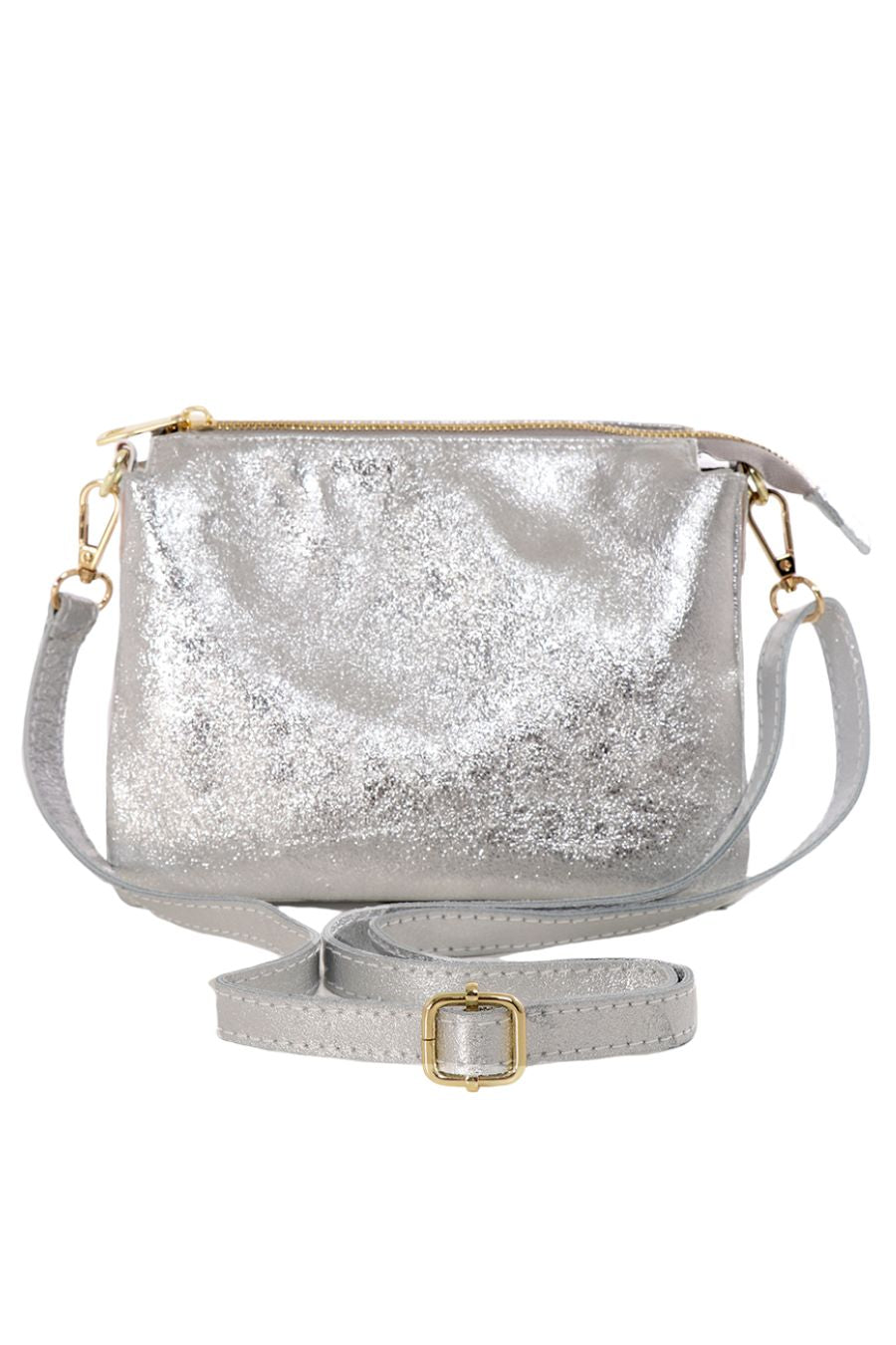 Silver Genuine Italian Leather Triple Section Crossbody Bag