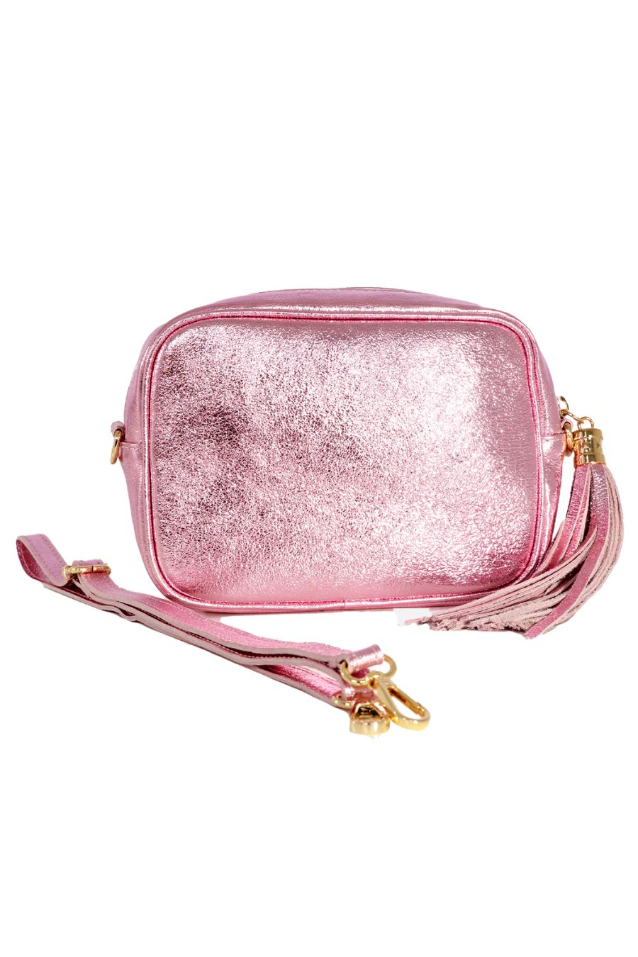 metallic light pink leather crossbody camera bag with detachable bag strap