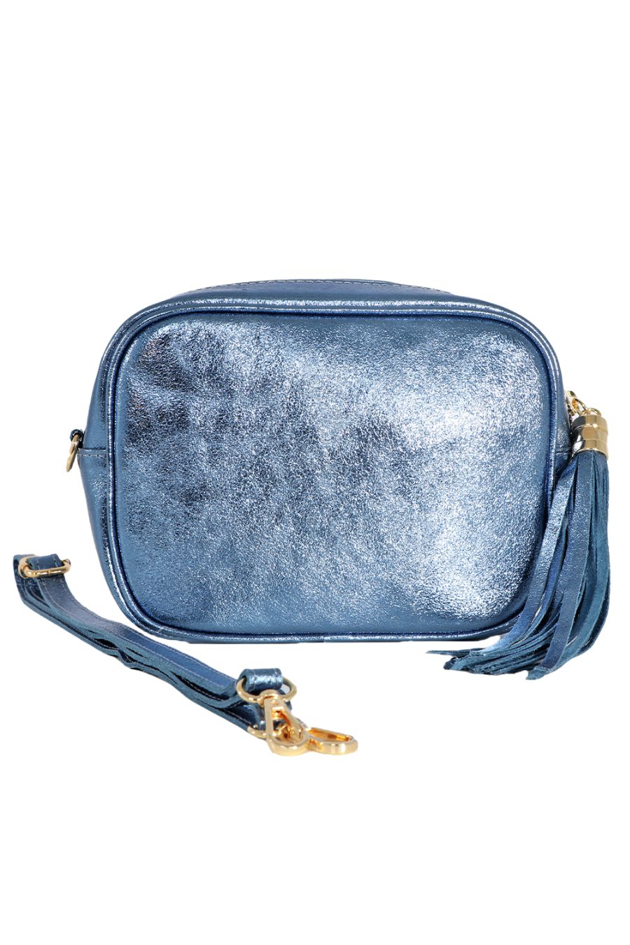 metallic denim blue leather crossbody camera bag with matching detachable bag strap