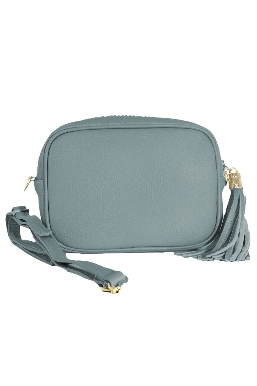 grey pebbled leather crossbody camera bag with a removable, adjustable bag strap